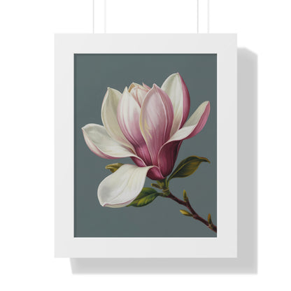 Vertical Poster - Magnolia Flower Design featuring a close-up of delicate white and pink petals, capturing tranquility and elegance. Ideal for home decor or gifting, with archival museum-grade paper and frame options.