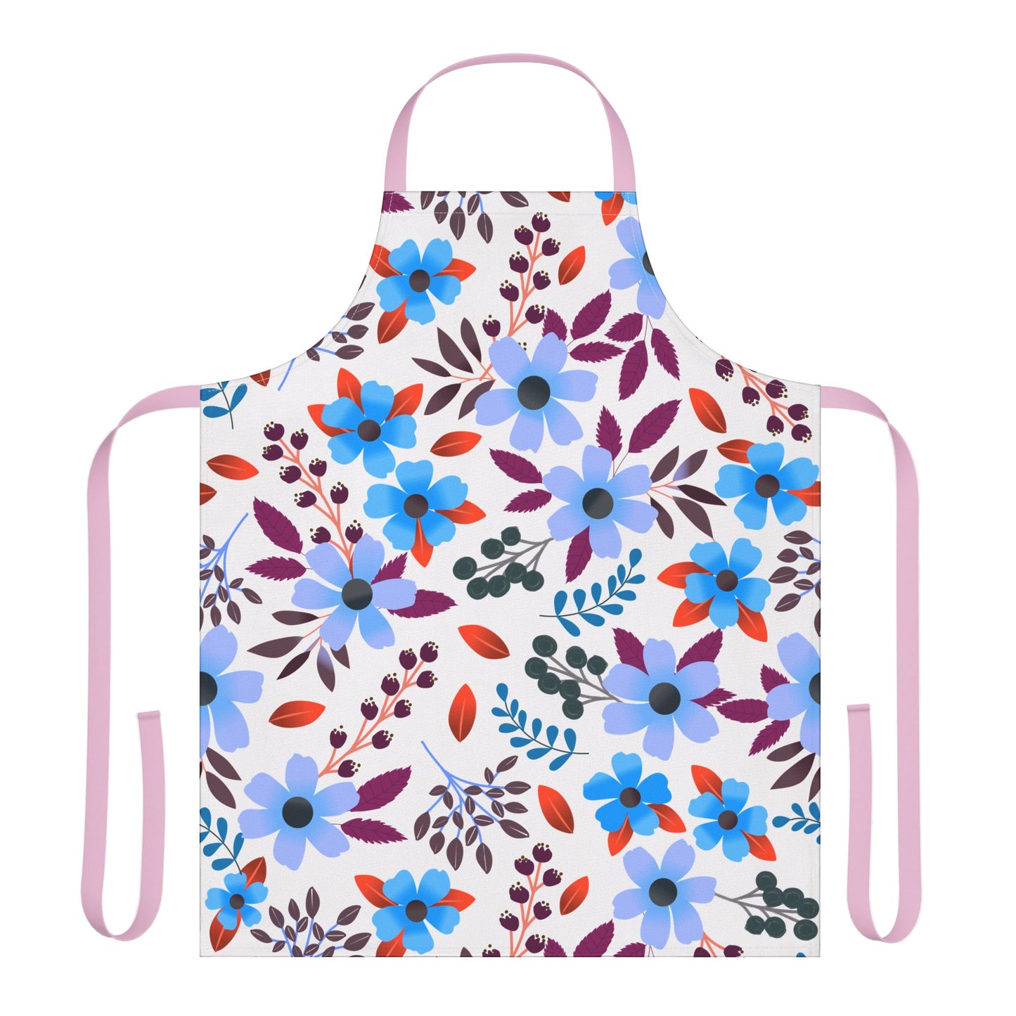 Floral Apron featuring vibrant blue and purple stylized flowers with red accents on a white background. Light pink neck loop and waist ties, embodying FireBrook Essentials' blend of comfort and uplifting design.