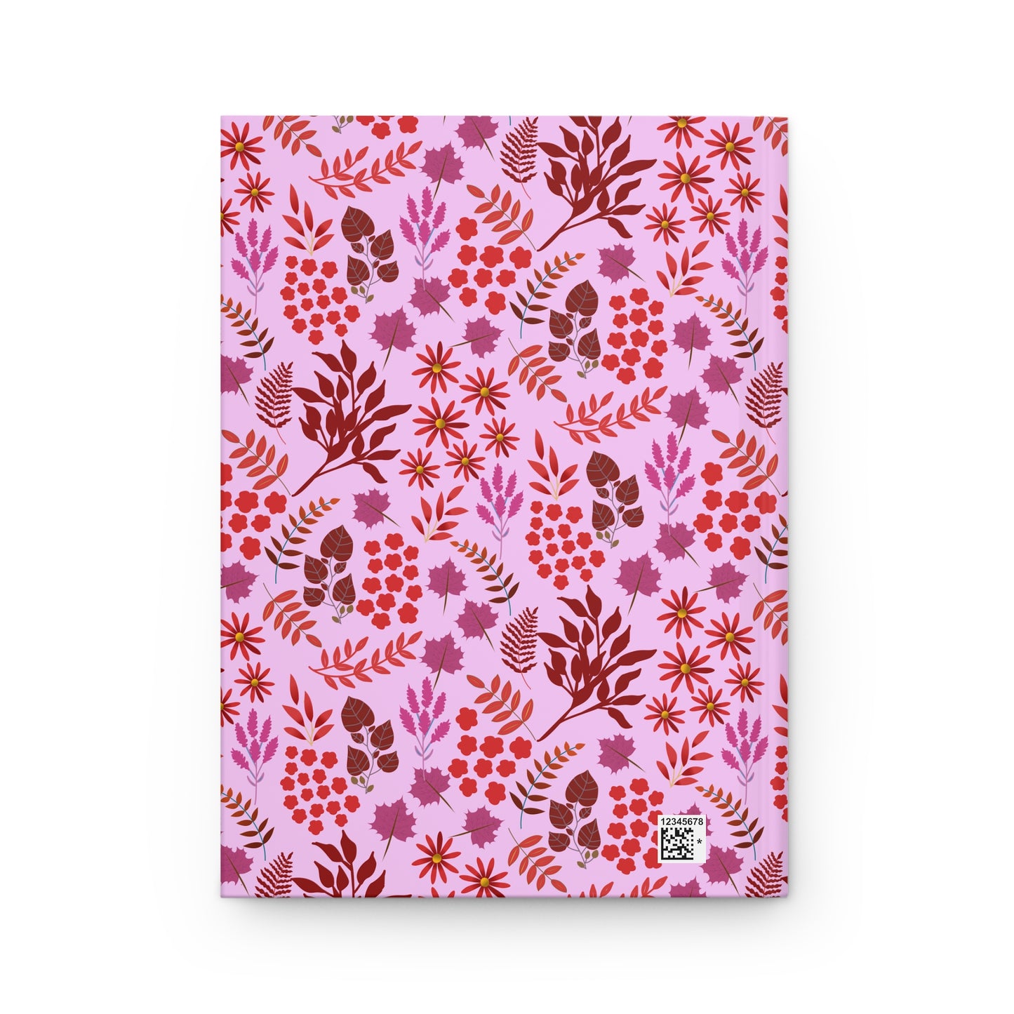 HARDCOVER JOURNAL, MATTE, RULED, 5X7, SEWN BIND, CLEAN-TEAR PAGES – AUTUMN HARVEST displays a vibrant floral pattern with red blossoms and fern-like fronds on a pale pink background, featuring a small inventory code.