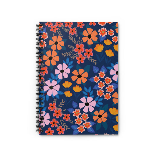Floral Spiral Notebook with vibrant orange, pink, and red flowers on a dark blue cover, featuring a sleek metal spiral binding and compact size, perfect for creative and organized note-taking.