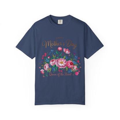 Happy Mother's Day Queen of the Heart T-Shirt showcasing a classic crew neckline and double-needle stitching, embodying FireBrook Essentials' commitment to comfort and style. Ideal for meaningful Mother's Day gifting.