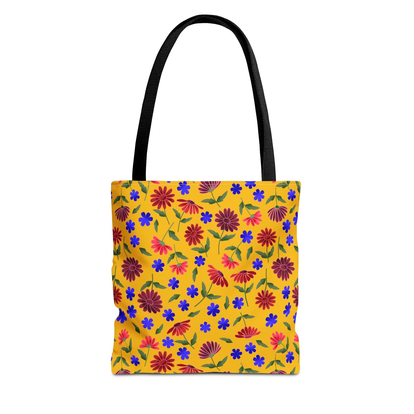 Golden Wildflower Tote Bag with black straps, featuring a vibrant yellow background adorned with red-orange and burgundy flowers, blue blossoms, and green leaves, embodying cheerful, practical design by FireBrook Designs.
