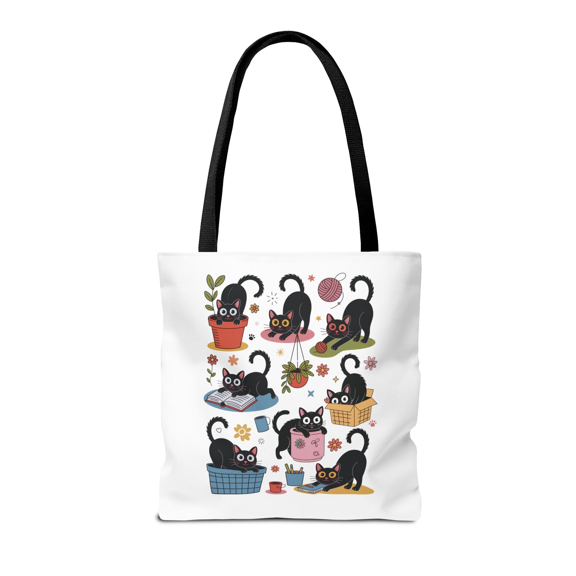 Cat Tote Bag - Curious Cat Design: A whimsical tote featuring a playful cat illustration, ideal for errands or beach trips. Durable polyester with reinforced handles, reflecting FireBrook Essentials' blend of style and joy.