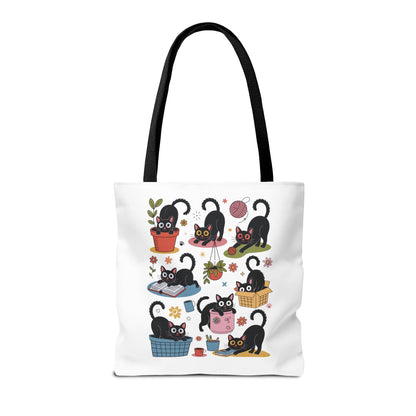 Cat Tote Bag - Curious Cat Design: A whimsical tote featuring a playful cat illustration, ideal for errands or beach trips. Durable polyester with reinforced handles, reflecting FireBrook Essentials' blend of style and joy.