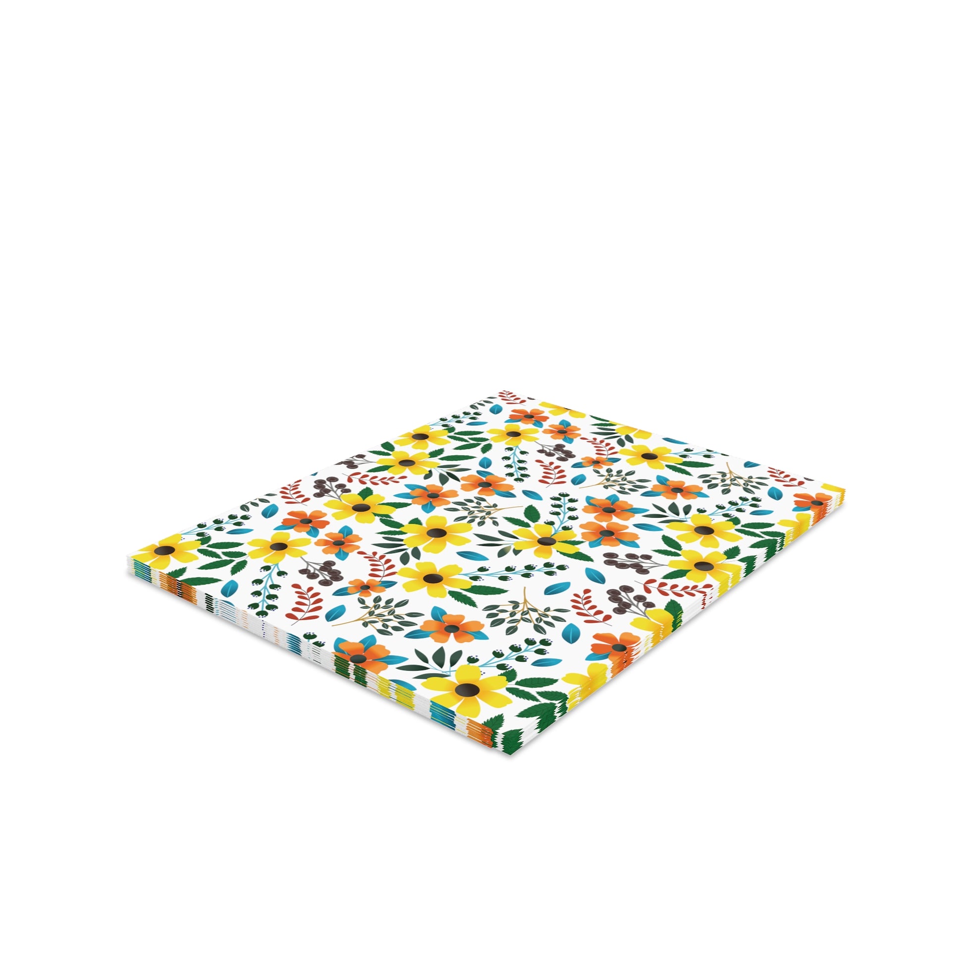 Floral Greeting Cards — Pack of 8/16/24 feature hand-drawn wildflowers, with yellow-centered blooms and greenery on a white background, ideal for sending cheerful notes. Each card includes a matching envelope.