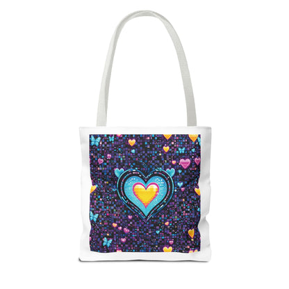 Heart Pixelated Nostalgic Cyber-Aesthetic Tote Bag featuring pixelated hearts and butterflies, offering a stylish, durable accessory for those who love unique, trendy designs.