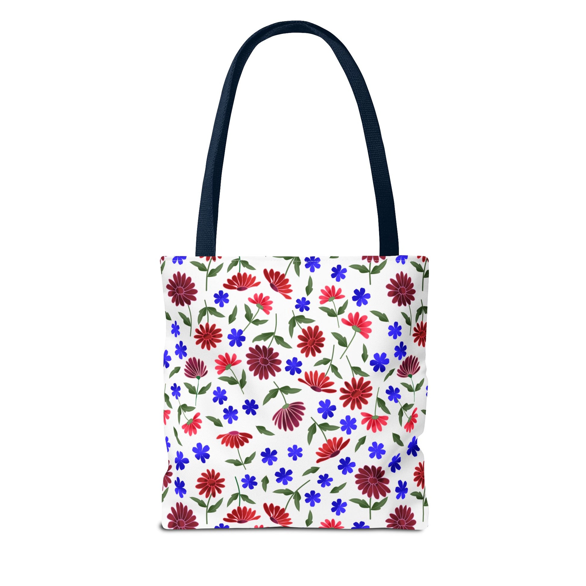 Floral Pattern Tote Bag — Red & Blue Wildflower All-Over Print: A white canvas tote with vibrant floral design, featuring navy handles and boxed corners. Perfect for market trips, with reinforced stitching for durability.