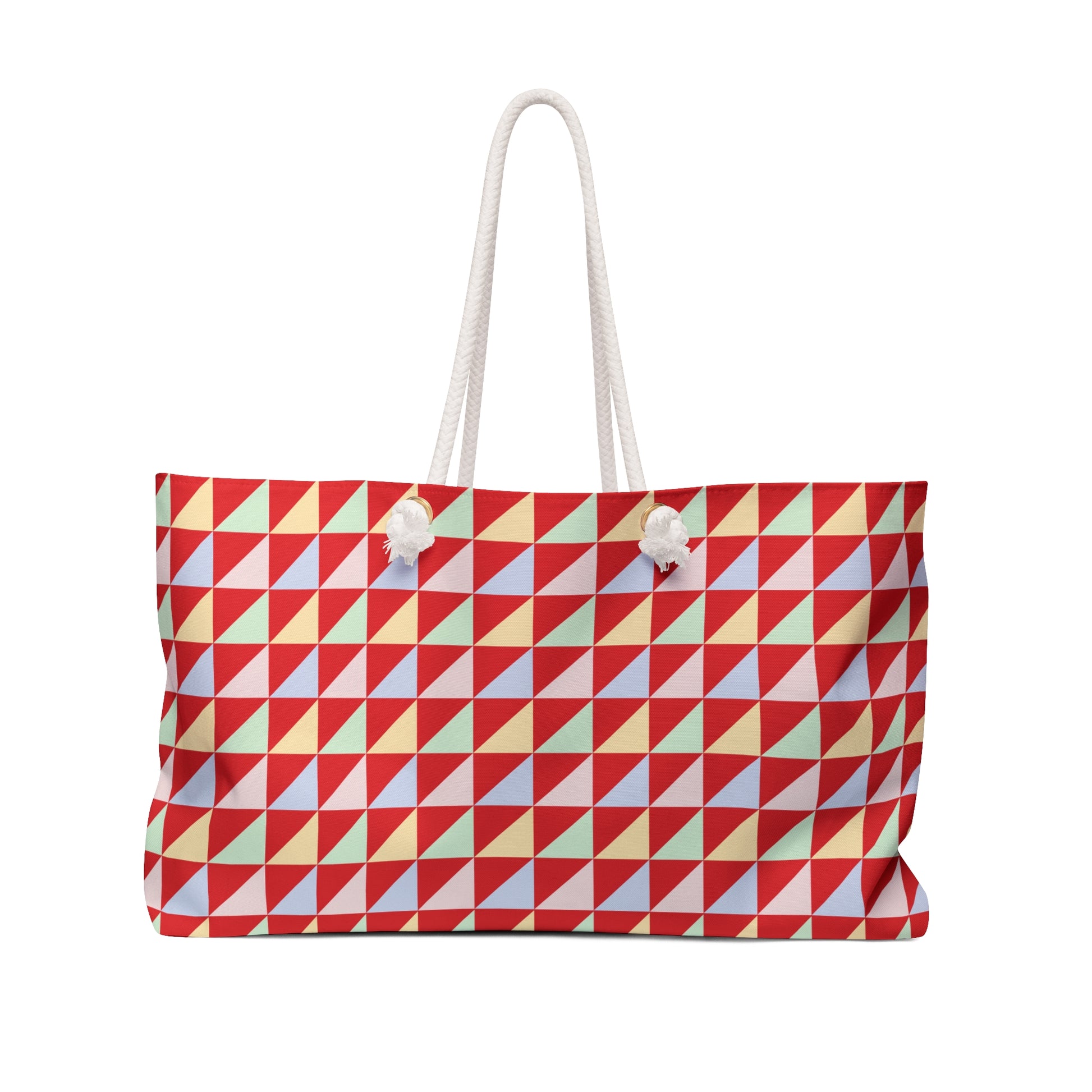 Weekender Bag - Geometric Triangles Design features a modern triangle pattern with white tassel detail and sturdy rope handles, ideal for stylish travelers seeking comfort and trendiness on their weekend getaways.