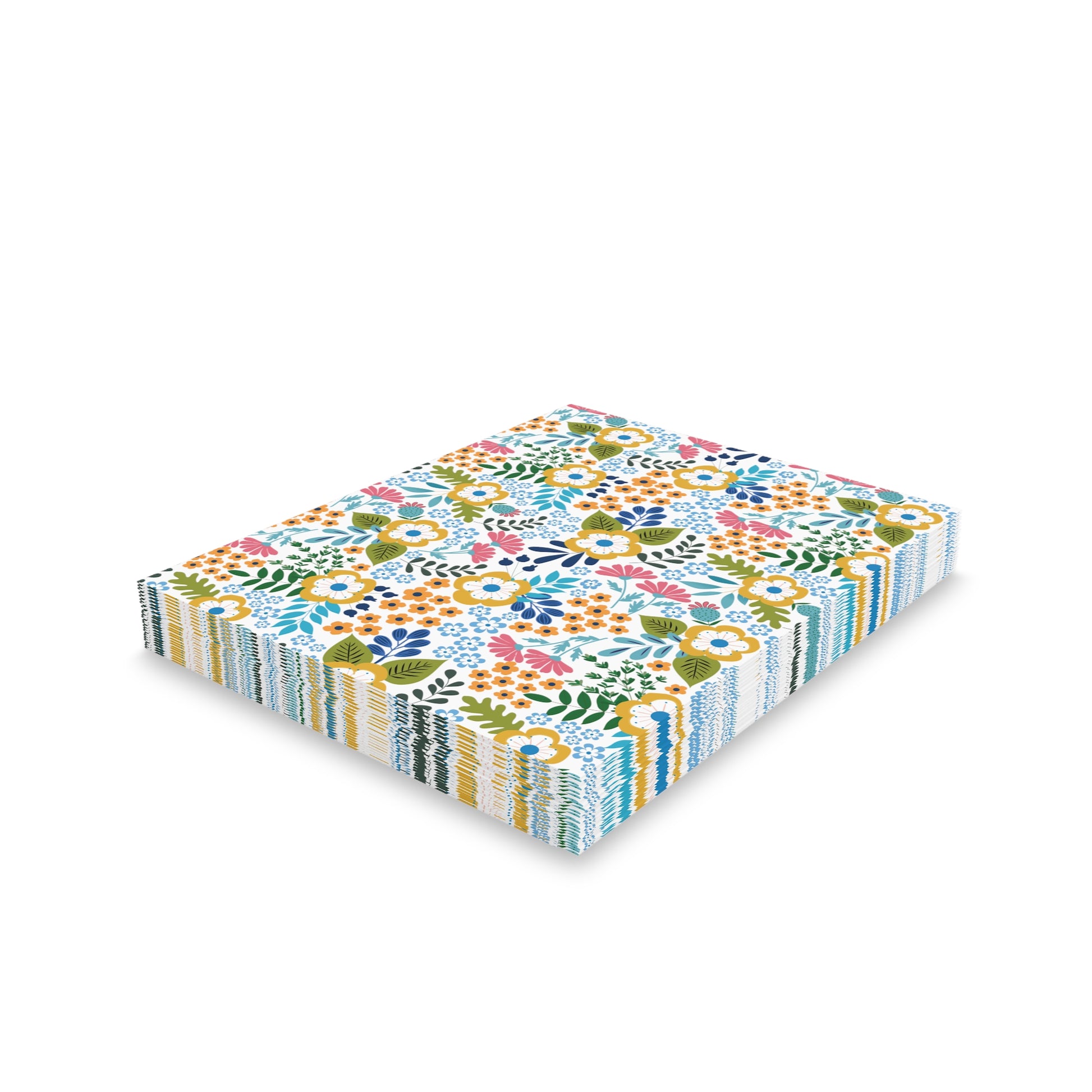 Wildflower Greeting Cards — Pack of 8/16/24 features vibrant floral prints on a neat stack of square napkins, perfect for adding a cheerful, springtime touch to any occasion.