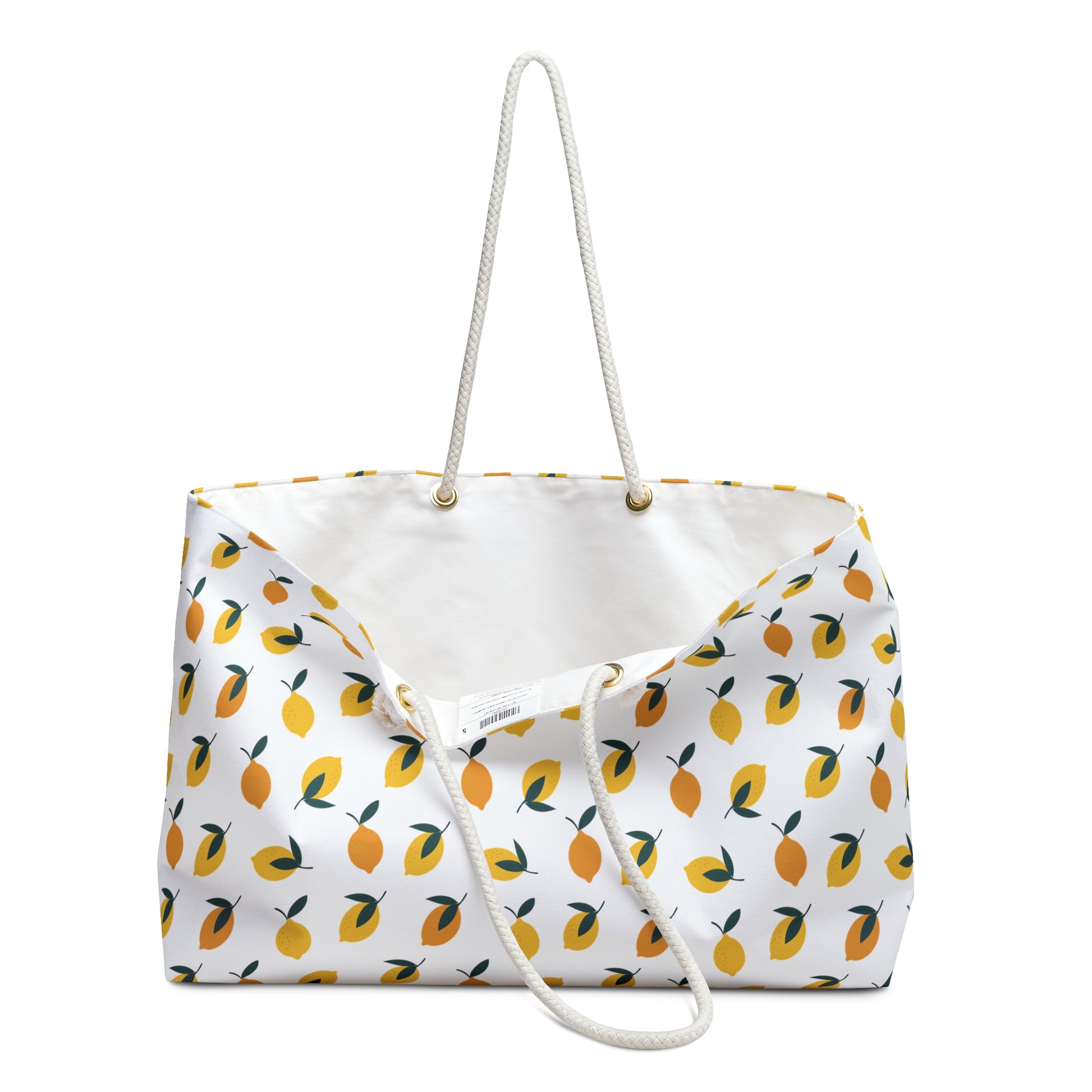 Lemon Print Weekender Bag - A chic travel tote with vibrant lemon patterns and comfortable rope handles, perfect for beach, gym, or picnic, combining style and functionality for joyful adventures.