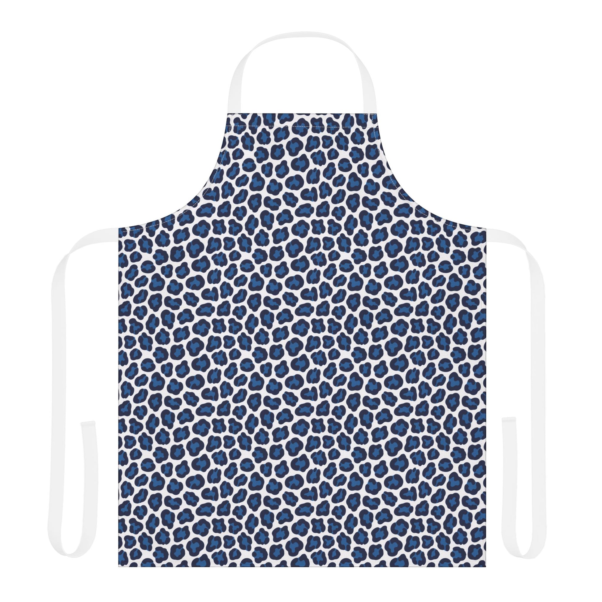 Apron, Cheetah Print: A stylish blue and white apron featuring a bold cheetah pattern, with white straps for a comfortable fit, ideal for creative and culinary activities.