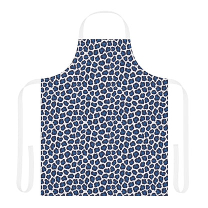 Apron, Cheetah Print: A stylish blue and white apron featuring a bold cheetah pattern, with white straps for a comfortable fit, ideal for creative and culinary activities.