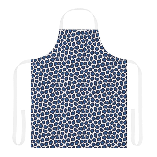 Apron, Cheetah Print: A stylish blue and white apron featuring a bold cheetah pattern, with white straps for a comfortable fit, ideal for creative and culinary activities.
