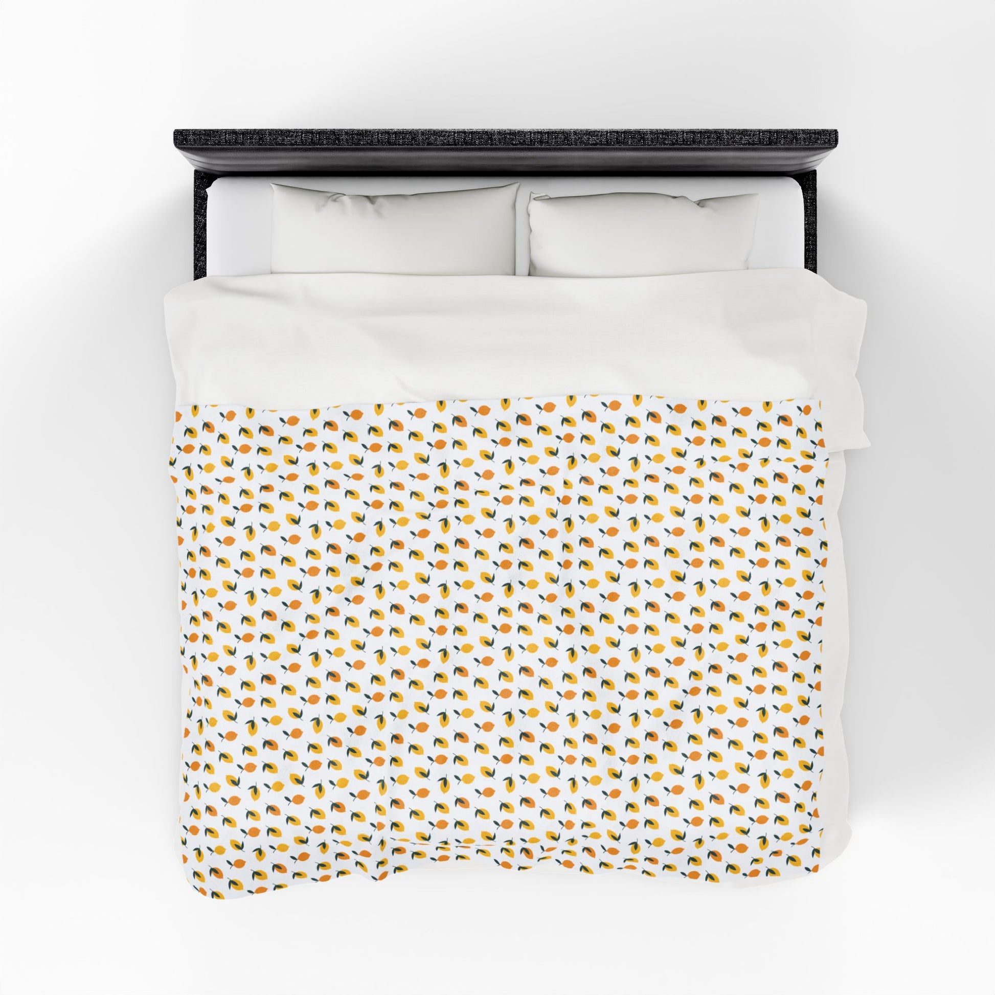 Velveteen Plush Blanket - Lemon Pattern, showcasing a vibrant lemon design perfect for summer. Ideal for adults, it offers cozy comfort with durable double needle topstitching, enhancing any living space.