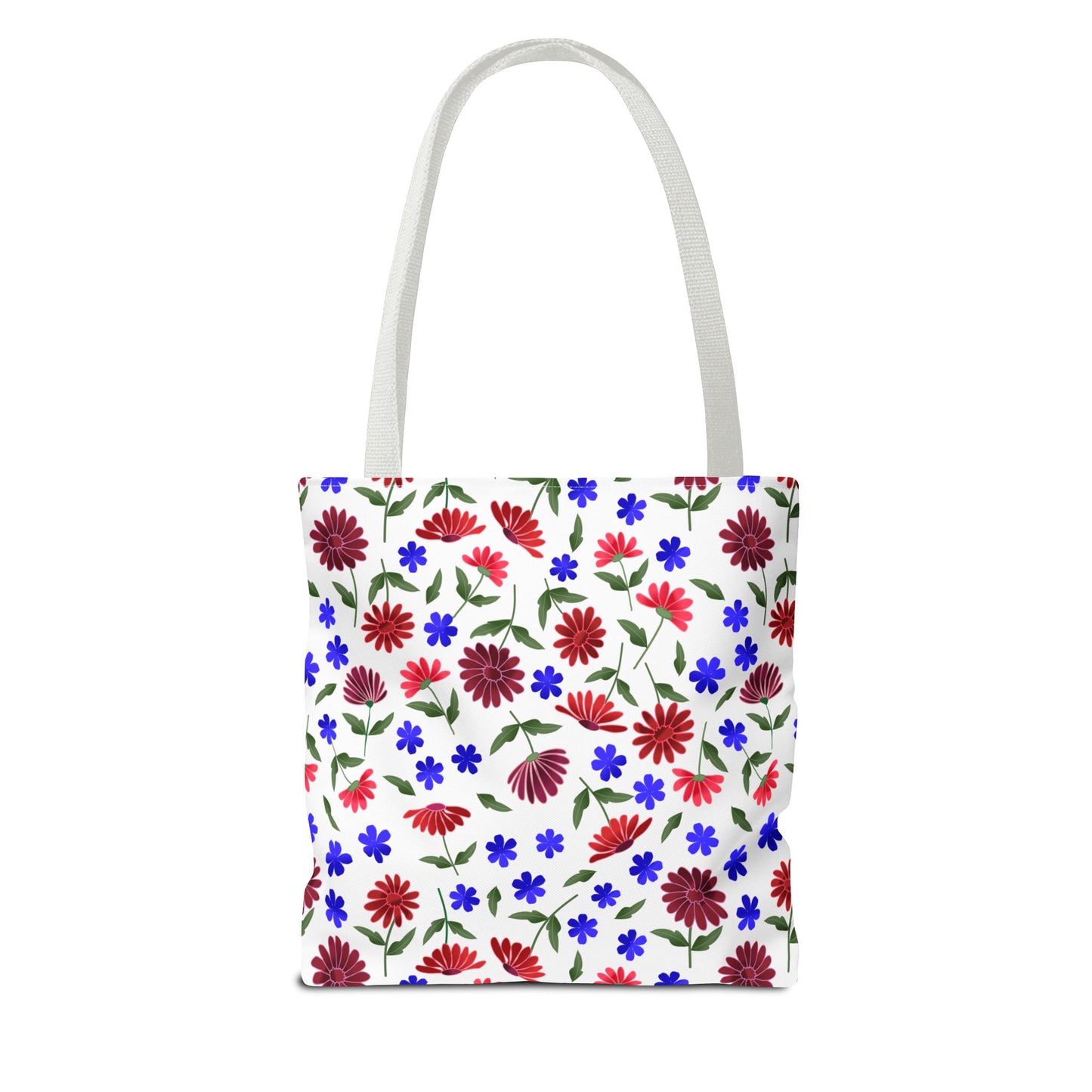 Floral Pattern Tote Bag — Red & Blue Wildflower All-Over Print features vibrant red, burgundy, and blue flowers with green leaves on white, combining style with function for everyday joy.