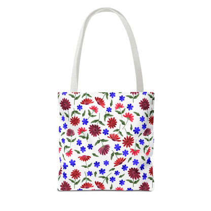Floral Pattern Tote Bag — Red & Blue Wildflower All-Over Print features vibrant red, burgundy, and blue flowers with green leaves on white, combining style with function for everyday joy.