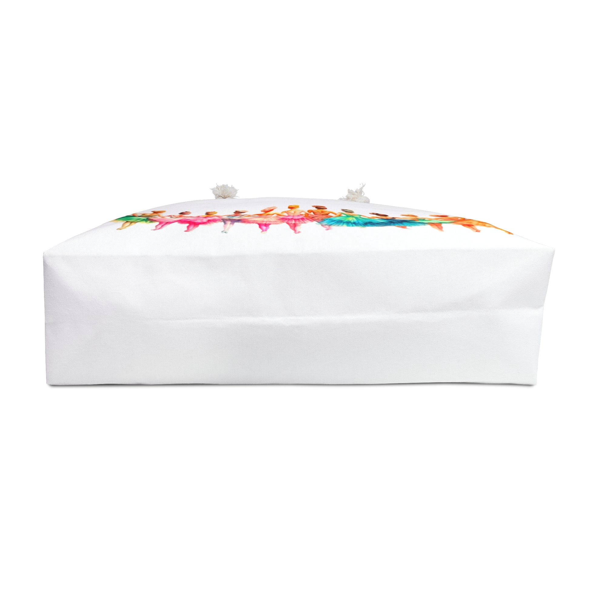 Weekender Bag - Ballet Girls Design: A stylish white bag featuring a vibrant ballet dancer pattern, perfect for dance enthusiasts. Ideal for weekend trips, offering ample storage and comfortable cream rope handles.
