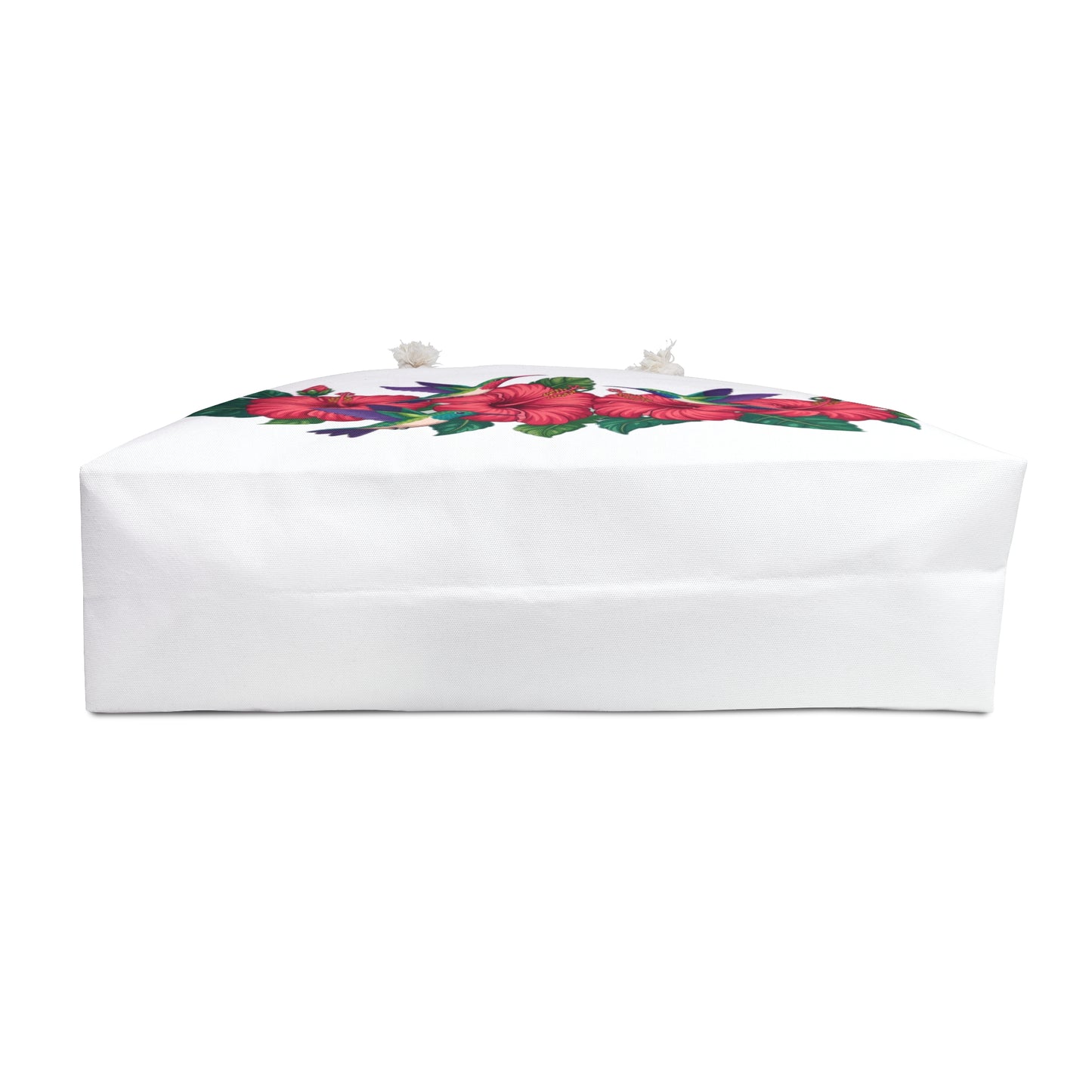 Tote Bag with hummingbirds and hibiscus design, featuring vibrant floral patterns on a durable polyester exterior, ideal for stylish weekend getaways. Equipped with rope handles and ample storage, embodying FireBrook Designs' uplifting aesthetic.