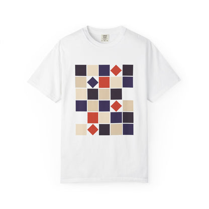Square Grid Abstract in Monochrome Palette T-Shirt showcasing a grid of perfectly aligned and rotated squares, offering a stylish, modern look ideal for art enthusiasts and fashion-forward individuals.