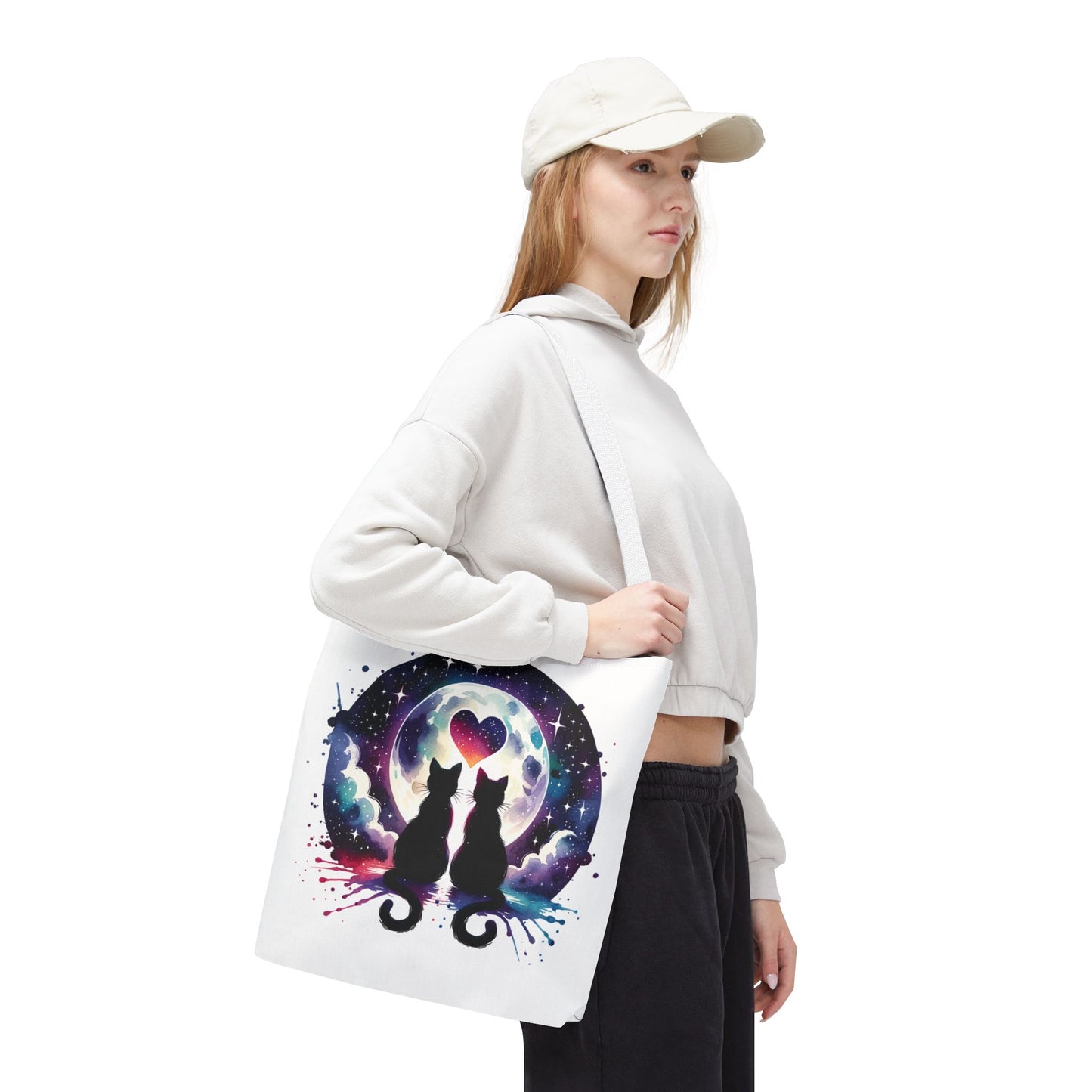 Copy of Cat Lovers Under the Moon Tote Bag featuring a whimsical cat design, perfect for cat enthusiasts. Durable polyester with boxed corners and reinforced handles, ideal for carrying essentials in style.