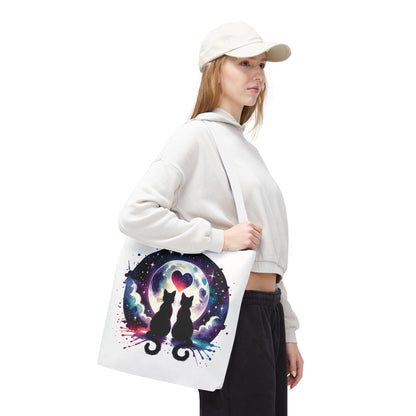 Copy of Cat Lovers Under the Moon Tote Bag featuring a whimsical cat design, perfect for cat enthusiasts. Durable polyester with boxed corners and reinforced handles, ideal for carrying essentials in style.