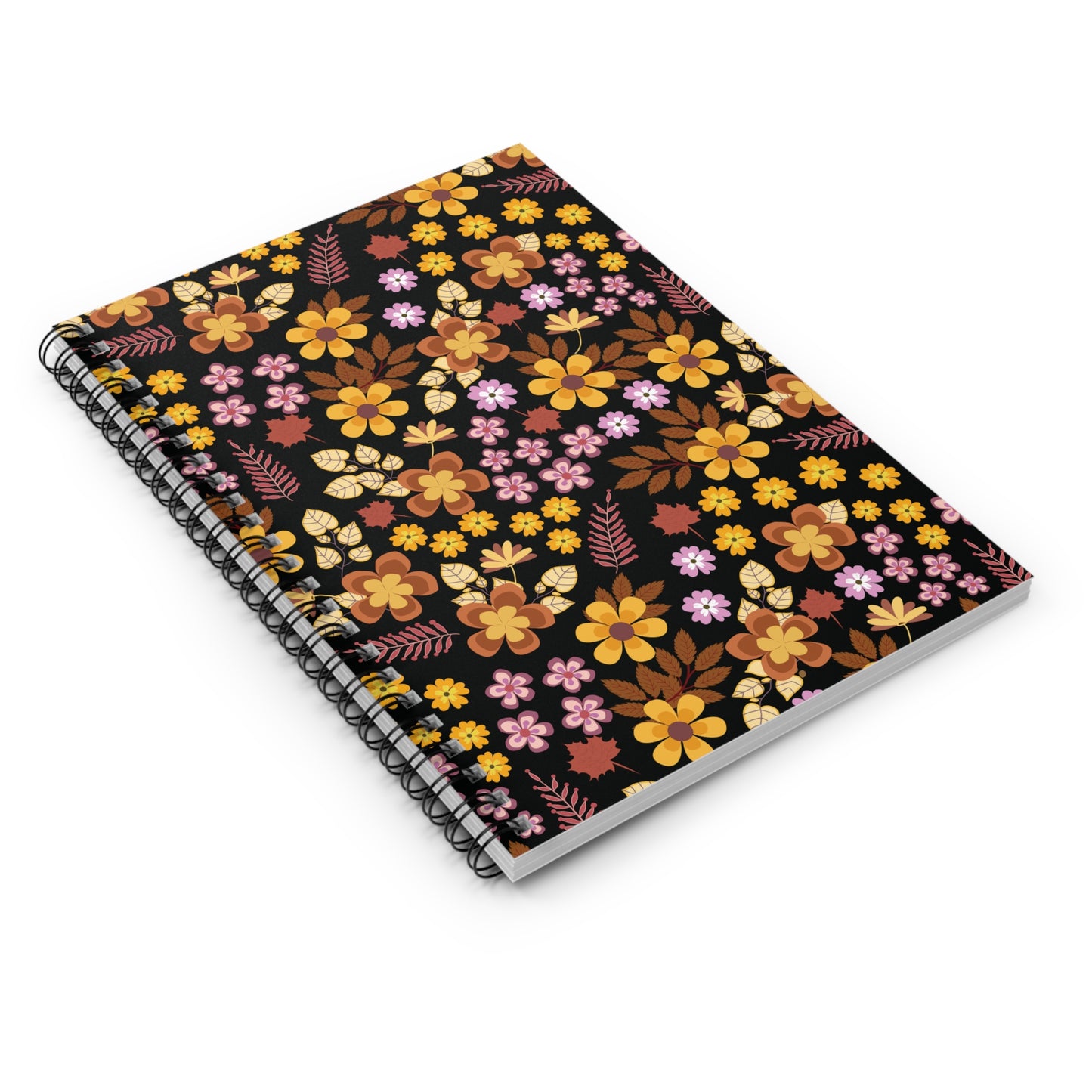 Floral Spiral Notebook featuring vibrant autumnal floral patterns with sleek metal binding and compact size, perfect for jotting down notes or creative ideas, embodying FireBrook Designs' uplifting and joyful spirit.