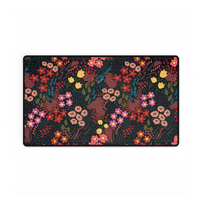 Desk Mat - Midnight Garden Floral Pattern features a vibrant floral print with hand-drawn blossoms and teal foliage on a dark background, perfectly blending nature-inspired style with functionality for your desk setup.
