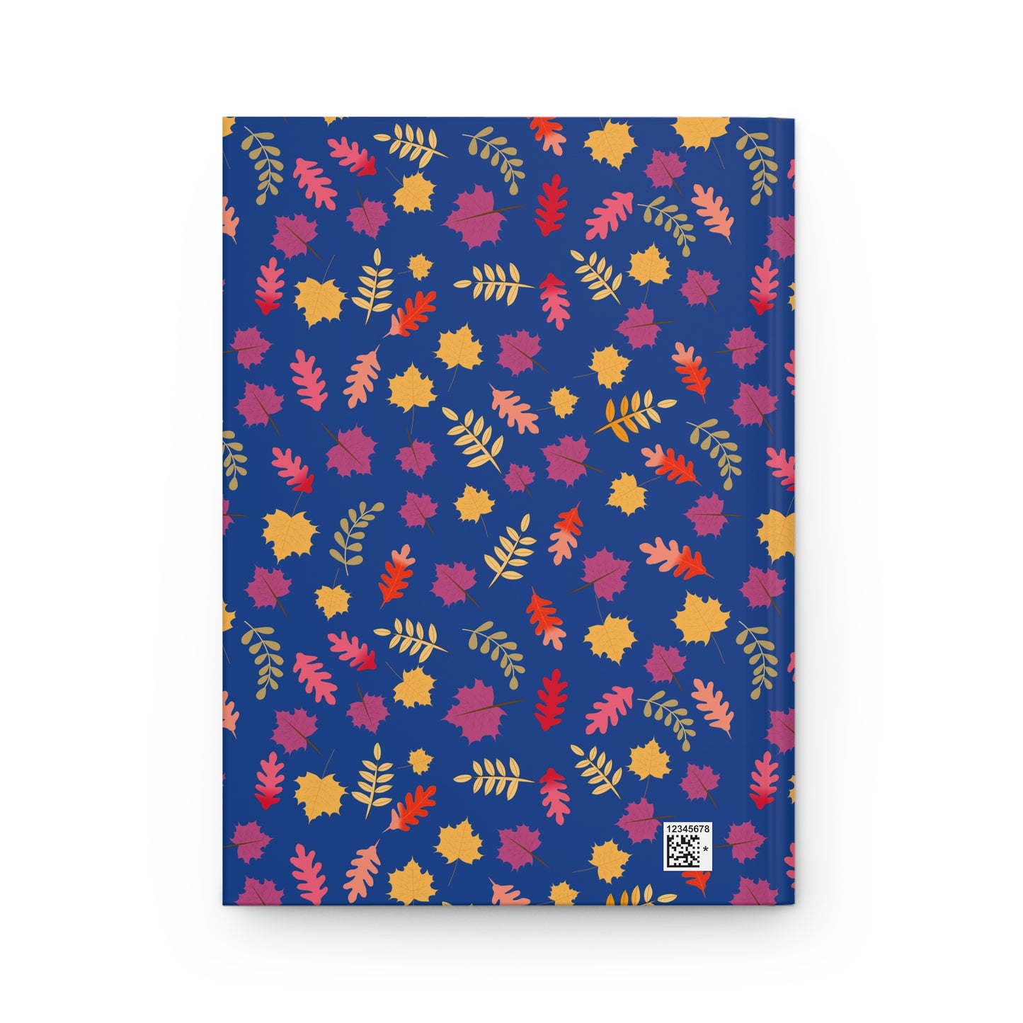 HARDCOVER JOURNAL, MATTE, RULED, 5X7, SEWN BIND, CLEAN-TEAR PAGES – FALL FOLIAGE features an autumn-leaf pattern on a deep blue background with a small barcode on the back cover.