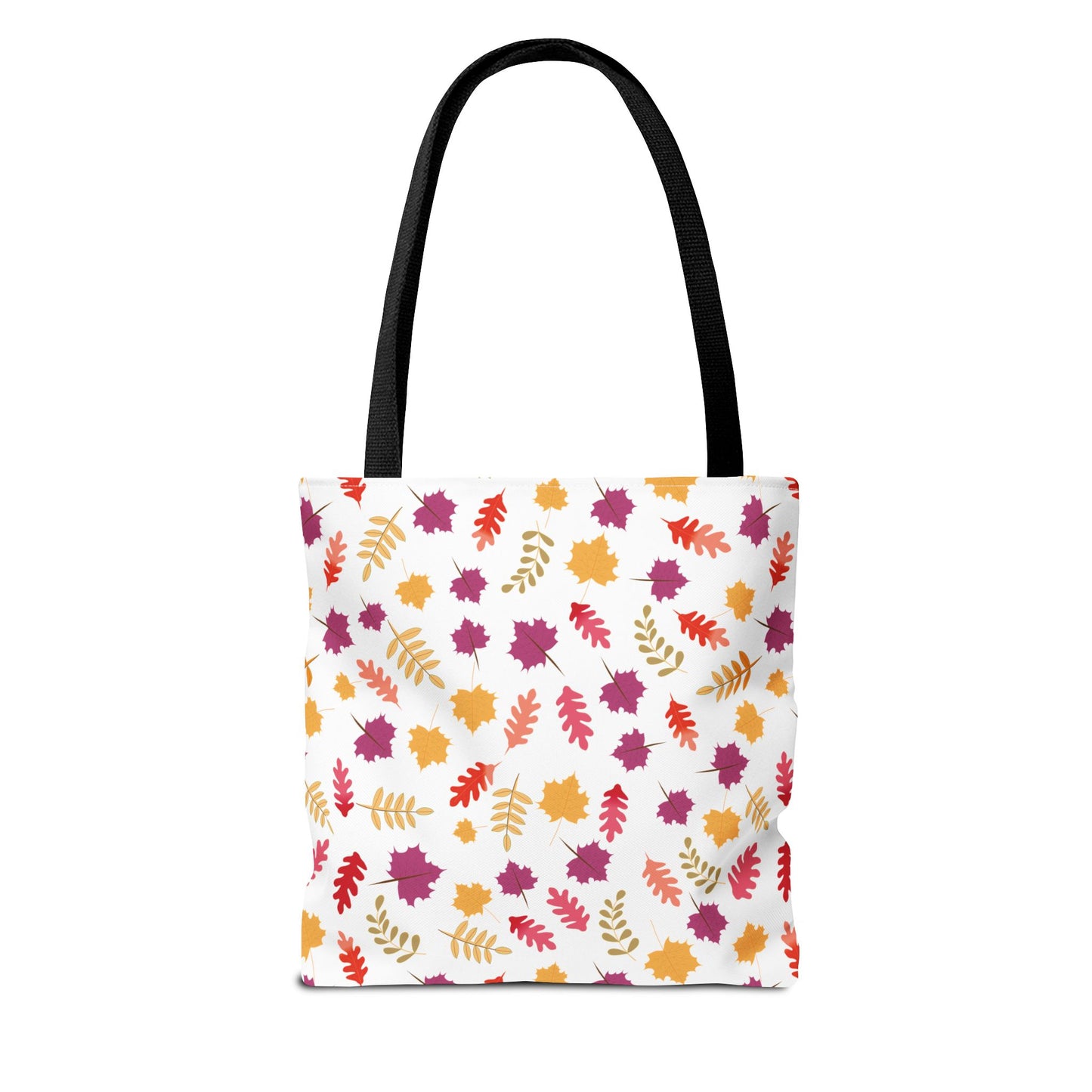 Autumn Leaves Tote Bag: A stylish, white reusable bag adorned with red, orange, gold, and purple autumn leaves, featuring black shoulder straps and reinforced stitching, perfect for daily essentials.