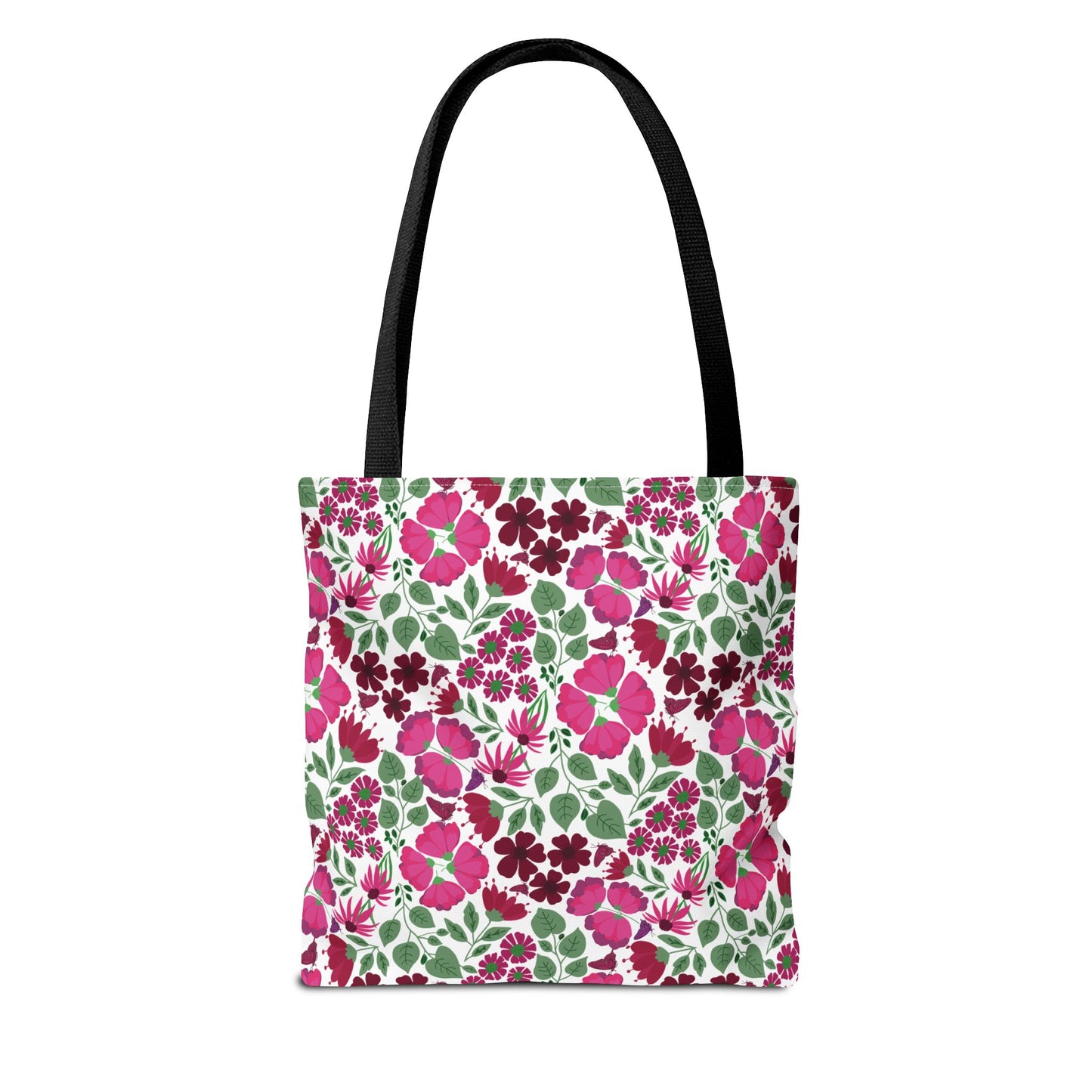 Pink Lady Tote Bag featuring a vibrant floral pattern with pink and burgundy flowers, black handles, ideal for everyday use, blending style and practicality to uplift any outfit.