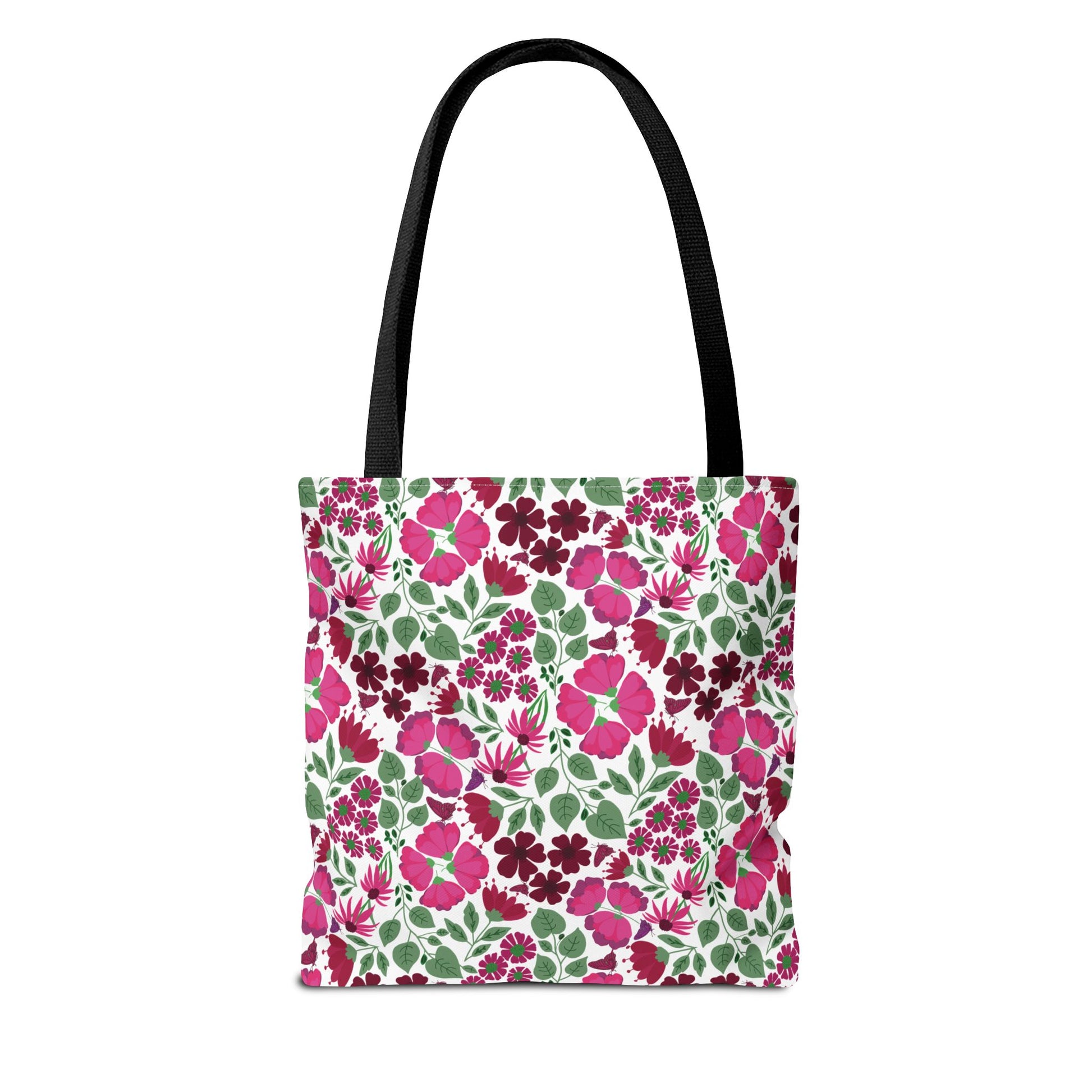 Pink Lady Tote Bag featuring a vibrant floral pattern with pink and burgundy flowers, black handles, ideal for everyday use, blending style and practicality to uplift any outfit.