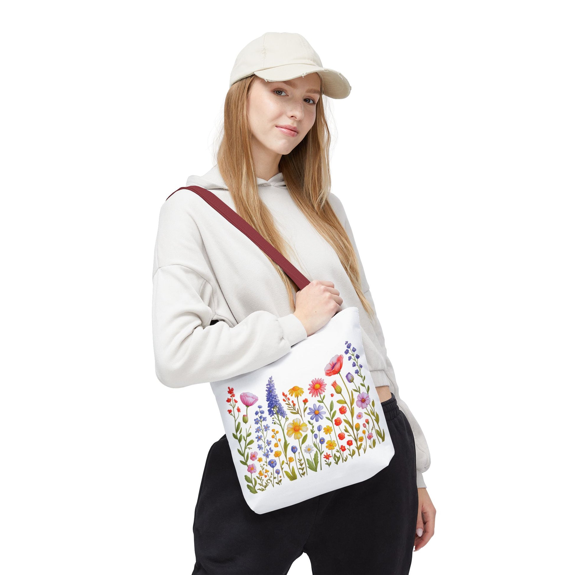 Wildflowers Tote Bag featuring a vivid wildflower design, embodying a natural, free-spirited vibe. Perfect for nature lovers and versatile for everyday use, reflecting FireBrook Essentials' joyful and stylish ethos.