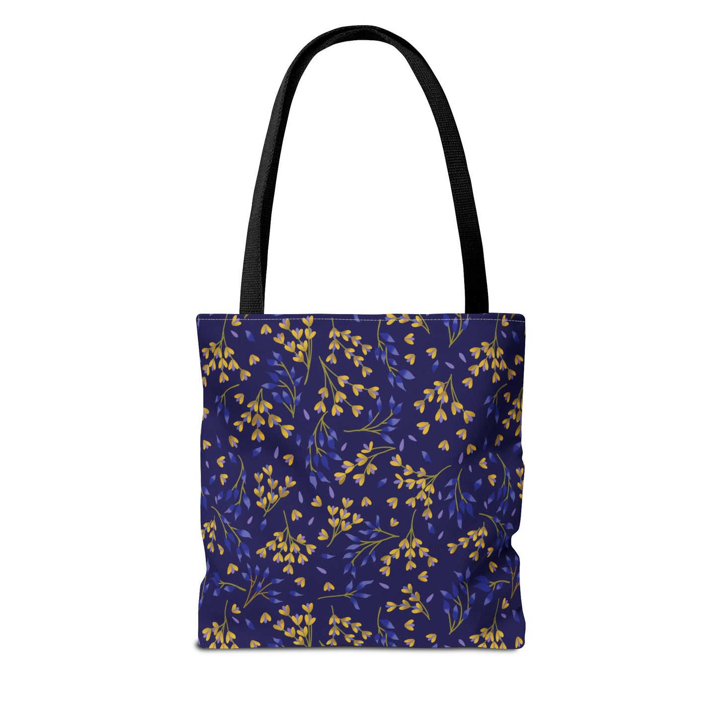 Floral Tote Bag showcasing a deep navy blue canvas with vibrant yellow and blue leaf clusters, featuring black straps and reinforced stitching, perfect for brightening summer outings with its cheerful design.