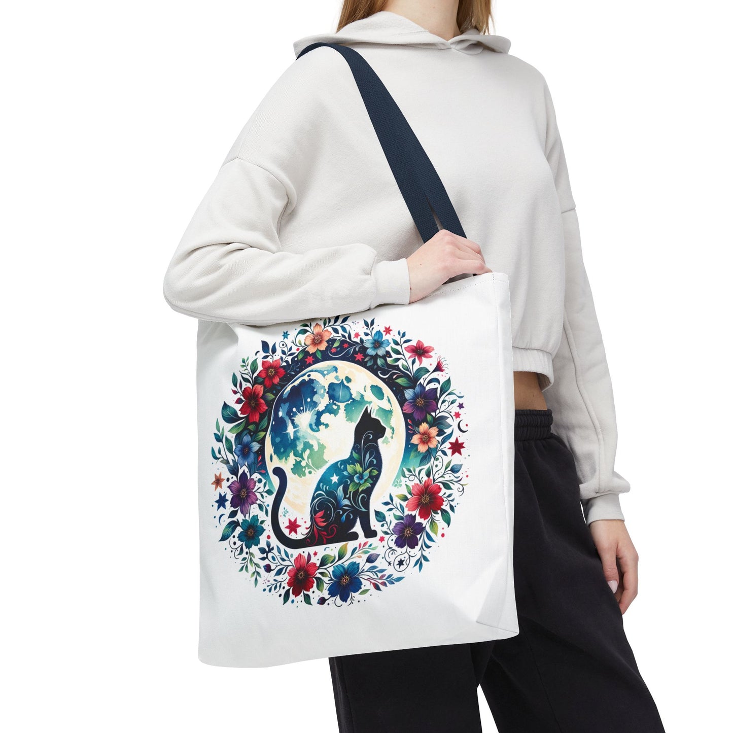Lone Cat Under the Moon Tote Bag features a whimsical feline design, perfect for cat lovers. Durable polyester, boxed corners, and reinforced handles offer practicality and style, aligning with FireBrook Essentials' uplifting ethos.
