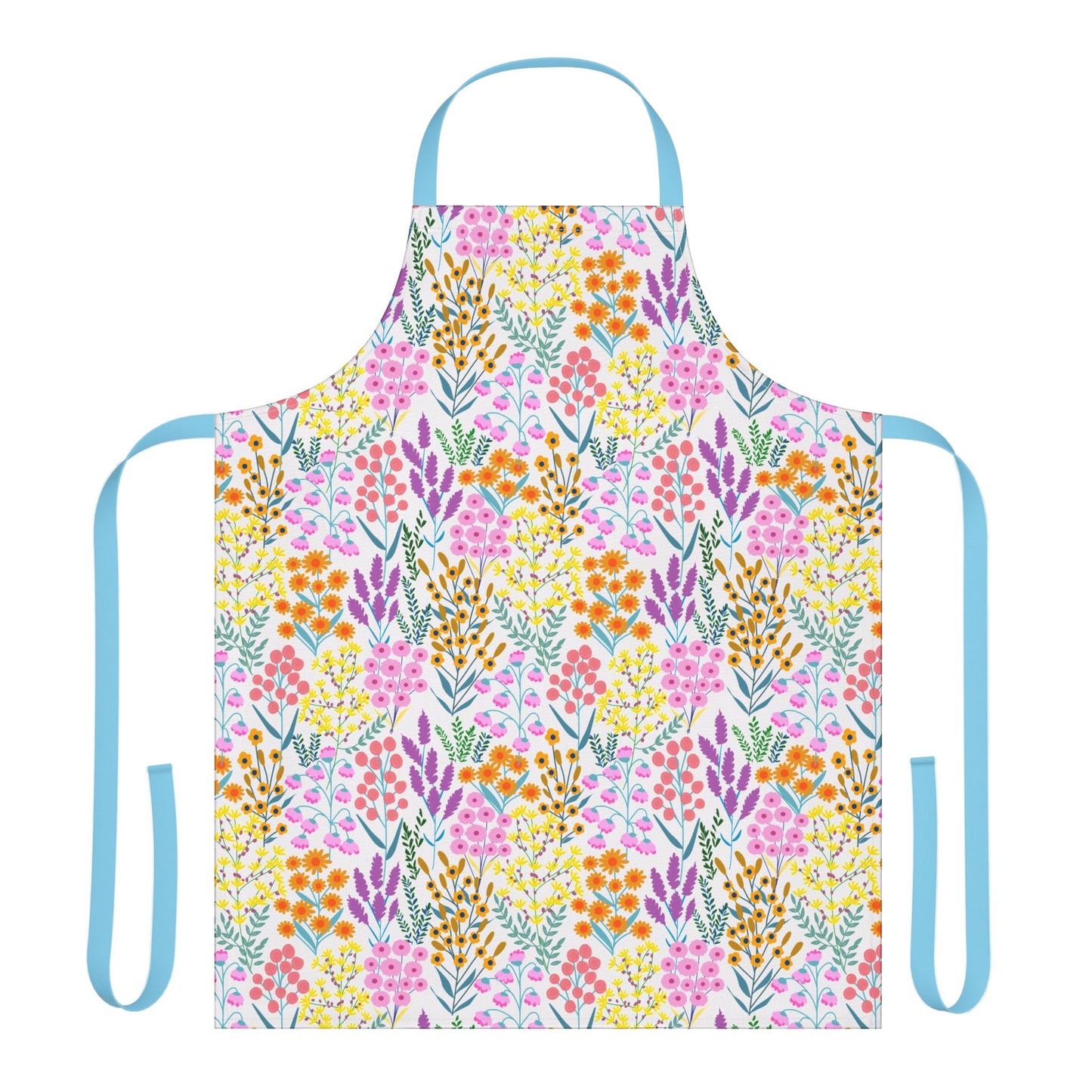 Floral Apron with a vibrant wildflower pattern in pinks, oranges, yellows, lavender, and greens. Features light-blue neck loop and waist ties, ideal for comfortable, stylish use in cooking or crafting.