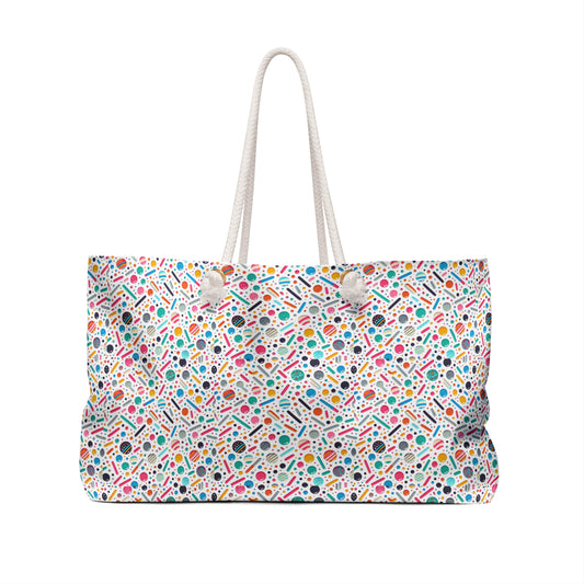 Colorful Abstract Confetti Pattern Weekender Bag – Fun & Playful Travel Tote features vibrant dots and stripes, ideal for joyful adventures. Lightweight, spacious with rope handles for easy carrying.