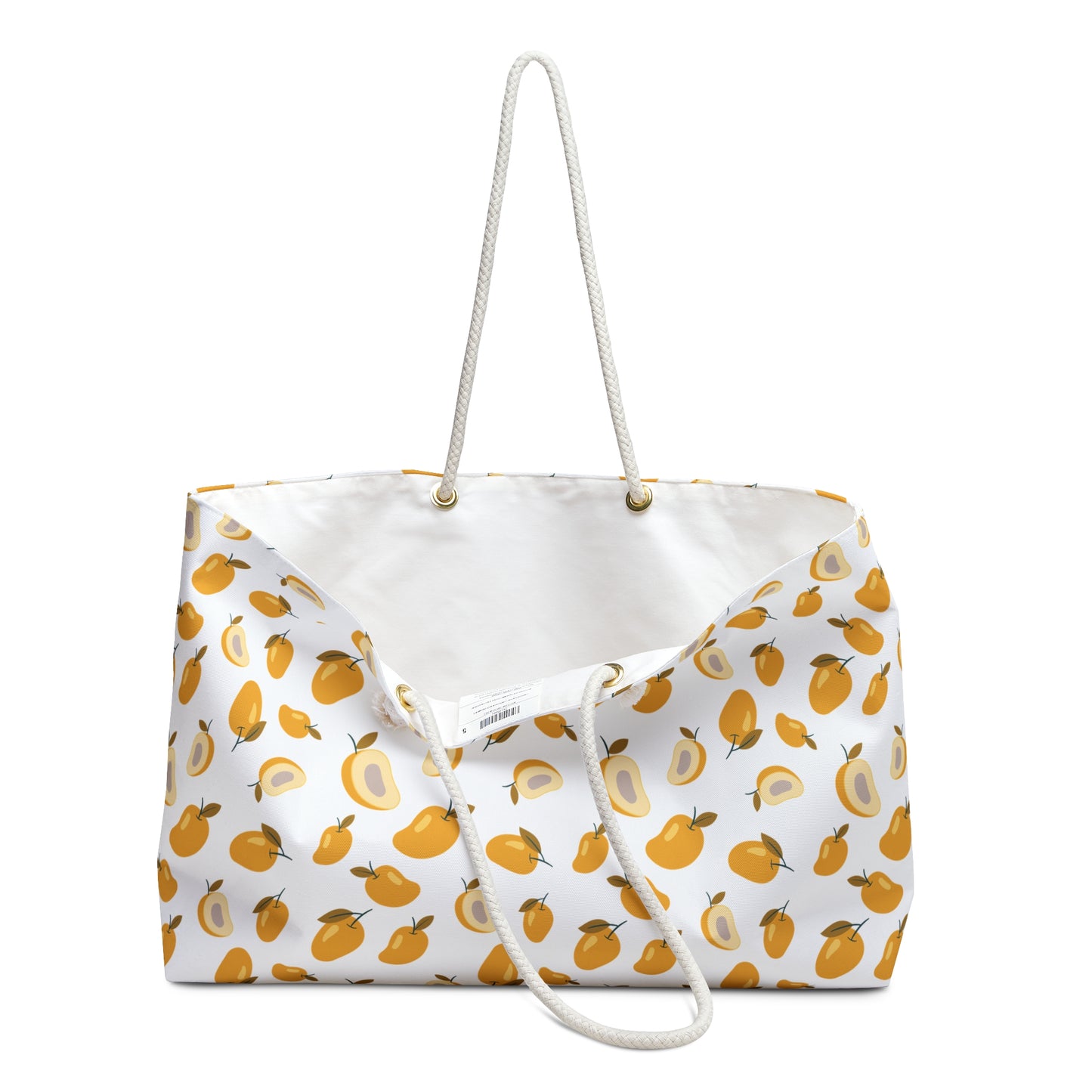 Mango Pattern Weekender Bag – Tropical Fruit Travel Tote features a vibrant mango design, complemented by sturdy rope handles. Ideal for summer adventures, this spacious, durable bag embodies FireBrook Designs' uplifting, joyful style.