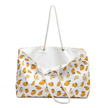 Mango Pattern Weekender Bag – Tropical Fruit Travel Tote features a vibrant mango design, complemented by sturdy rope handles. Ideal for summer adventures, this spacious, durable bag embodies FireBrook Designs' uplifting, joyful style.