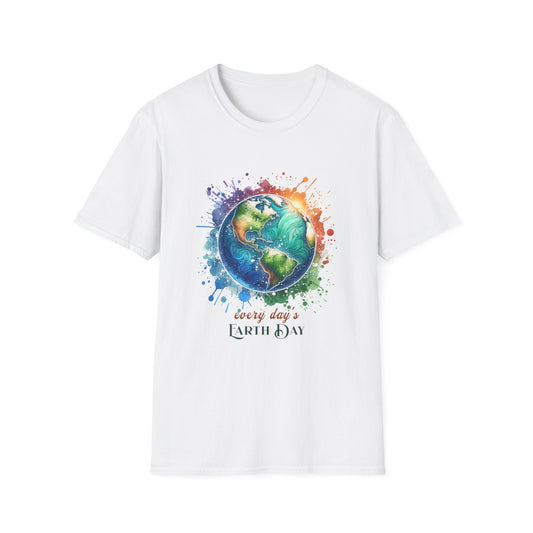 Every Day is Earth Day Gildan Unisex T-Shirt featuring a detailed earth graphic on a white background, embodying sustainability and comfort with its classic fit and crew neckline.