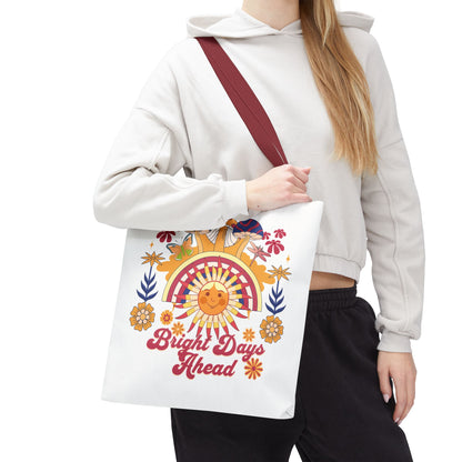 Bright Days Ahead Sunshine Floral Tote Bag features cheerful sunshine, flowers, and butterflies, perfect for outdoor adventures. Designed for strength and durability, it embodies FireBrook Essentials' uplifting and joyful style.