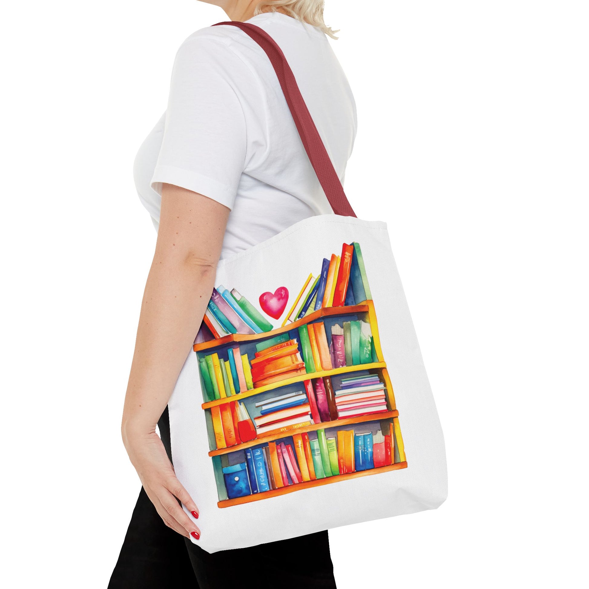 Books Tote Bag - 100% Spun Polyester featuring a book-themed print, carried by a woman, ideal for book lovers and everyday use.