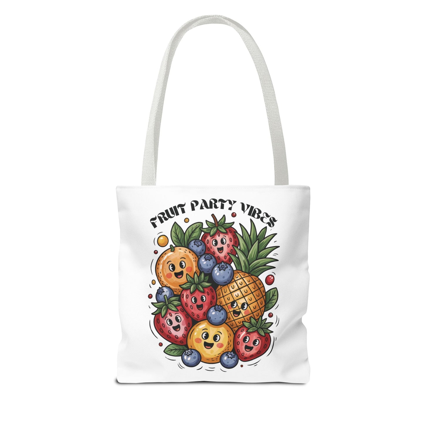Fruit Party Tote Bag - Fun Summer Vibes: A vibrant tote bag showcasing a lively fruit theme, perfect for adding joy to grocery shopping or beach trips, with durable polyester and reinforced handles.
