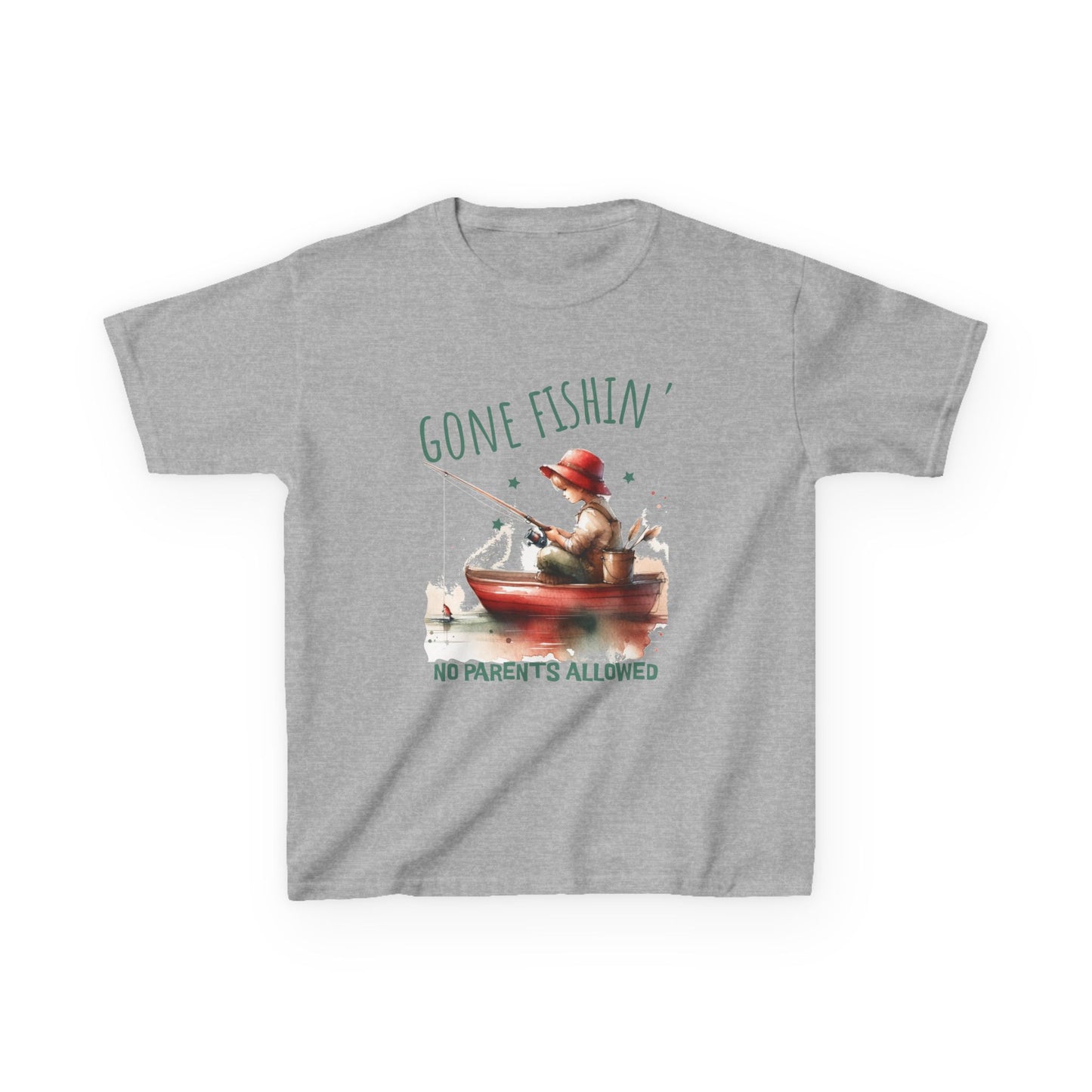 Gone Fishin' - Parents Not Allowed Youth Gildan Unisex T-Shirt features a playful image of a boy fishing, embodying the adventurous spirit of young outdoor enthusiasts. Ideal for casual, everyday wear.