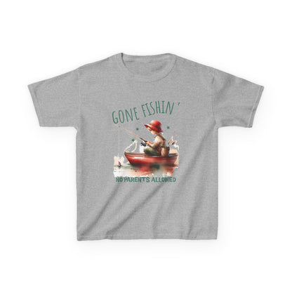 Gone Fishin' - Parents Not Allowed Youth Gildan Unisex T-Shirt features a playful image of a boy fishing, embodying the adventurous spirit of young outdoor enthusiasts. Ideal for casual, everyday wear.