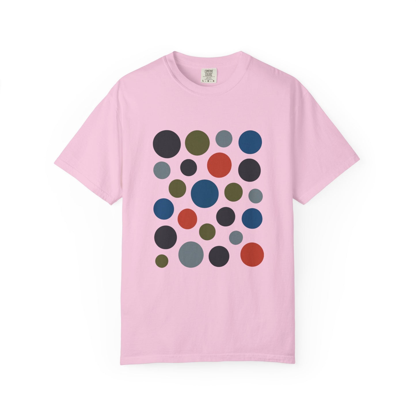 Abstract Circle Design in Modern Muted Tones T-Shirt featuring varied solid circles for an artistic flair, perfect for casual or semi-formal wear, exemplifying FireBrook Essentials' commitment to stylish, comfortable apparel.