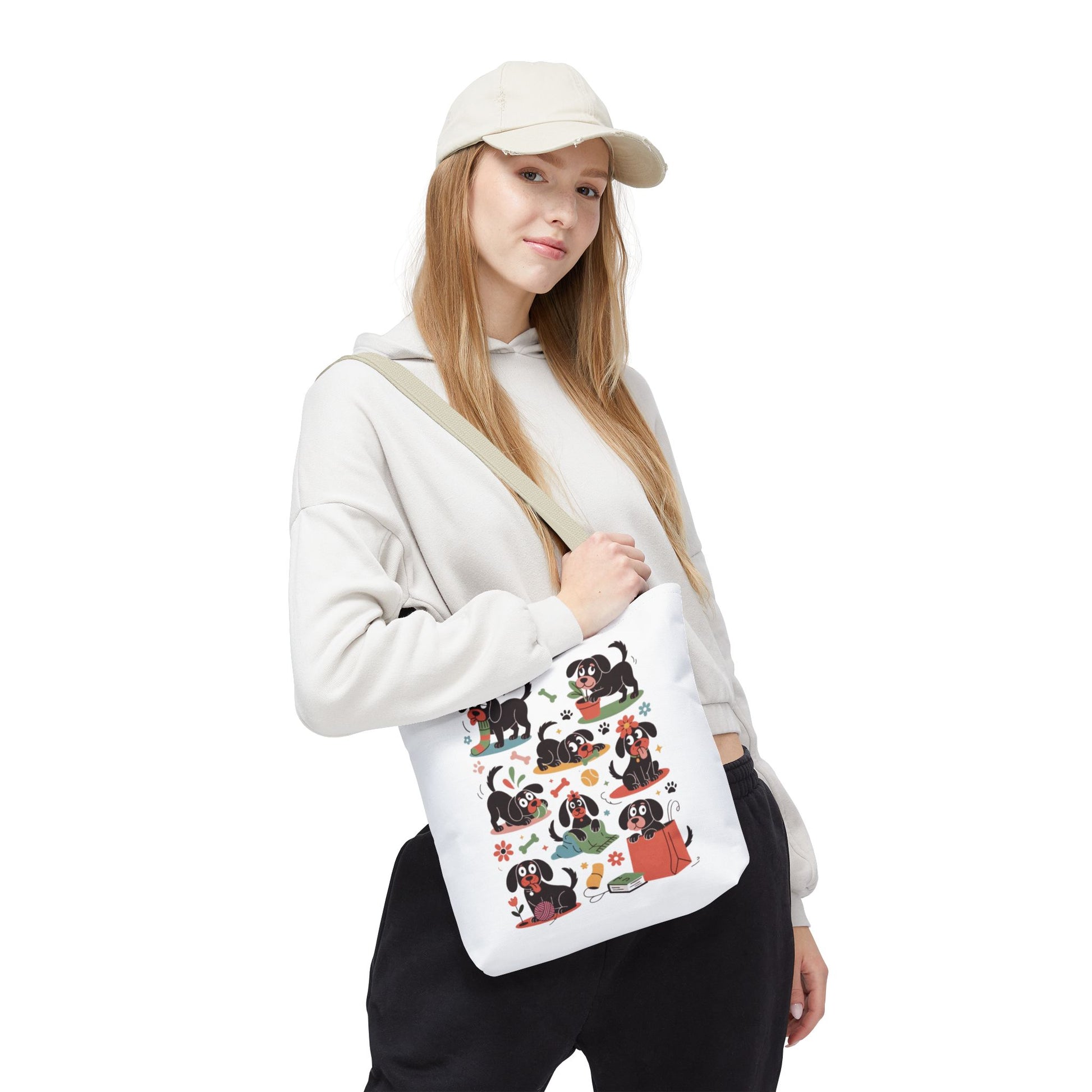 Dog Tote Bag - Playful Cartoon Illustration Design features whimsical dogs and objects, perfect for dog lovers. This durable tote is ideal for shopping or gifting, aligning with FireBrook Essentials' uplifting style.