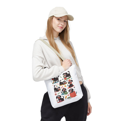 Dog Tote Bag - Playful Cartoon Illustration Design features whimsical dogs and objects, perfect for dog lovers. This durable tote is ideal for shopping or gifting, aligning with FireBrook Essentials' uplifting style.