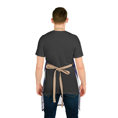 A person models the Floral Apron, showcasing its tie-back closure and dark blue patterned sides. Crafted from soft, stain-free polyester canvas, it embodies FireBrook Essentials' blend of comfort and style.