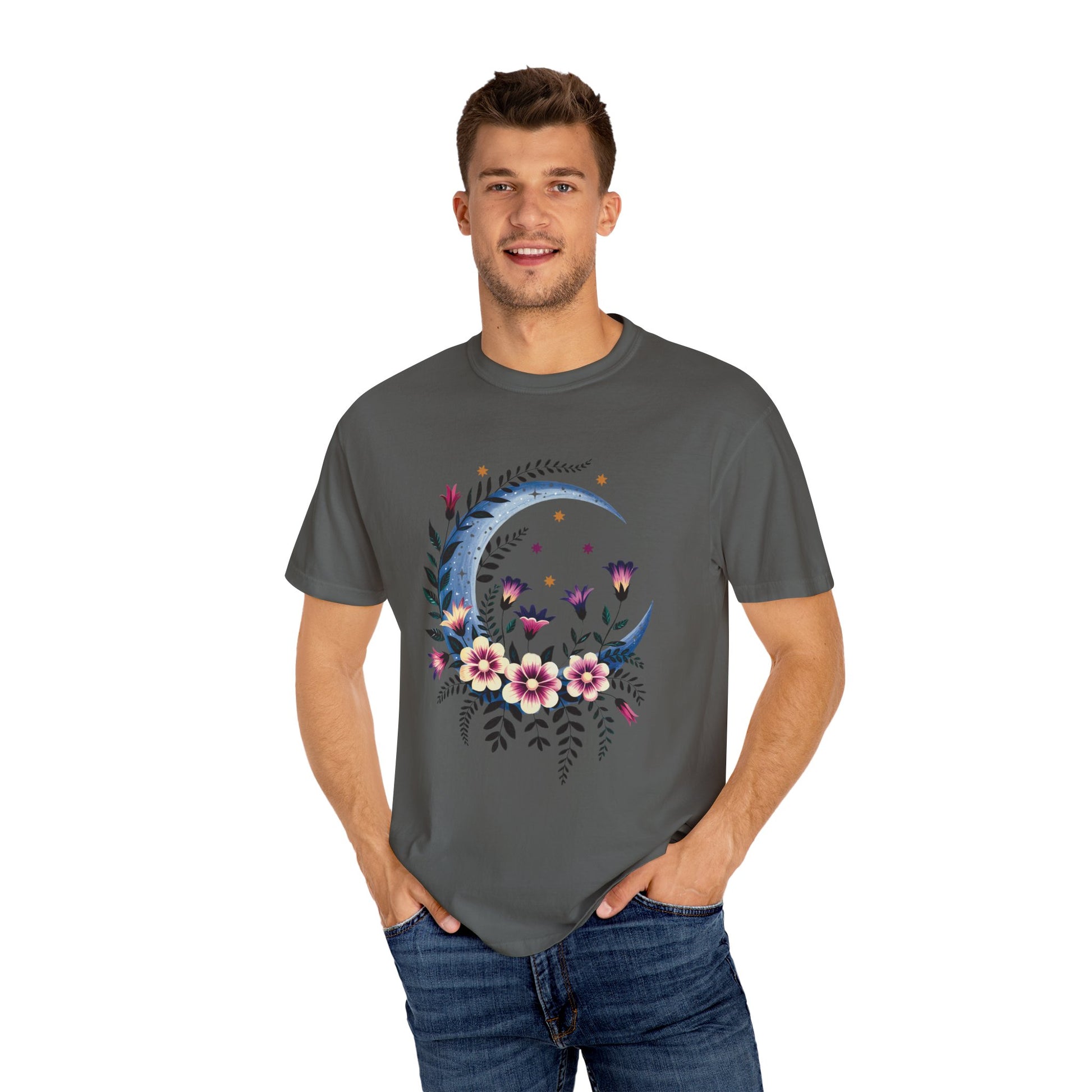 Crescent Moon Floral T-Shirt featuring a bohemian design with intricate floral patterns, perfect for nature lovers seeking casual elegance. Ideal for relaxed gatherings, aligned with FireBrook Essentials' uplifting and stylish ethos.