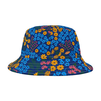 Vibrant Floral Bucket Hat - Colorful Summer Accessory featuring a rich blue base with bright floral patterns, showcasing yellow, light blue, and pink flowers with green foliage. Perfect for stylish, joyful outings.